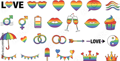 LGBT Pride Rainbow Vector Icon Set with Love Heart Lips Ring Glasses Cupcake Umbrella Crown Gender Symbol and Colorful Celebration Elements
