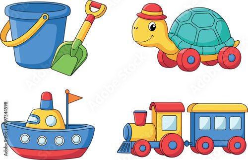 Colorful Toy Set Featuring Bucket, Shovel, Turtle, Boat, and Train for Toddlers, Playtime, and Outdoor Fun