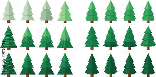 Flat green pine and fir tree vector set with various shades geometric layered shapes light dark evergreen forest Christmas nature decoration collection
