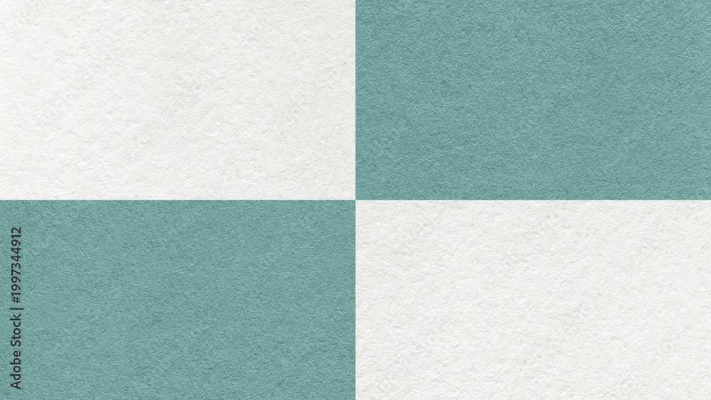 Fototapeta premium White and muted teal checkered paper texture background with four sections and copy space. Geometric template with blocks