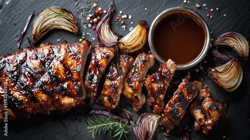 Juicy grilled spareribs with barbecue sauce and charred onions on black slate background overhead food photography