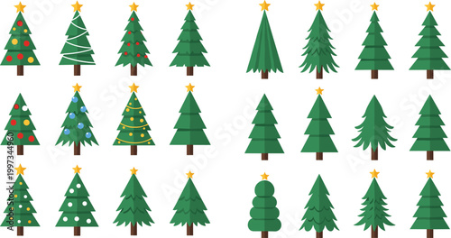 Green Christmas tree vector set with decorated ornament balls, star topper and various flat style pine tree shapes holiday festive collection design