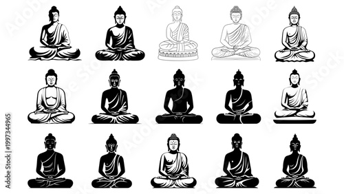 Large collection of black and white Buddha silhouettes and line art vector illustrations in meditation poses, isolated on white background.