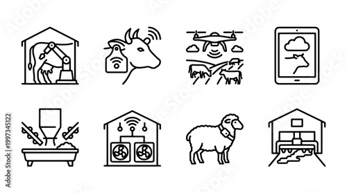 Modern farming technologies illustrated with livestock and digital devices