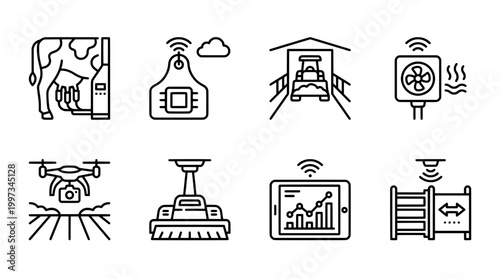 Modern farming technology icons cow drone tractor tablet ventilation system