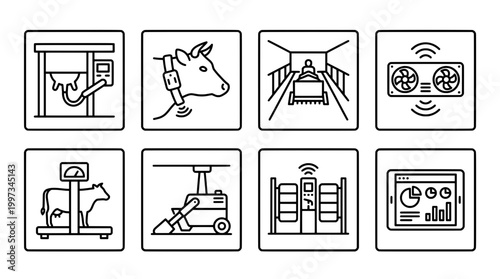 Modern farming technology icons set illustrating dairy farm automation
