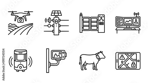 Modern farming technology icons set drone solar panel monitor cow and more