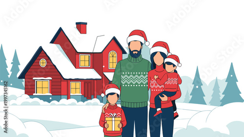 Cute Christmas family vector illustration with parents and children in Santa hats ugly sweaters holding gift in snowy winter house outdoor scene