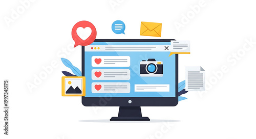 A computer monitor displays social media on screen with icons and notifications floating around it in a digital environment.