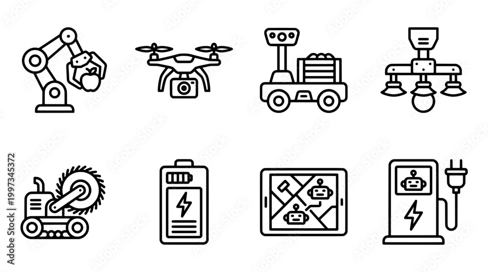 Fototapeta premium Robotics and automation icons set on white background for technology concepts