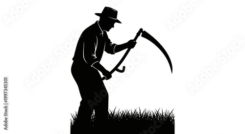 Man holding a scythe in field.