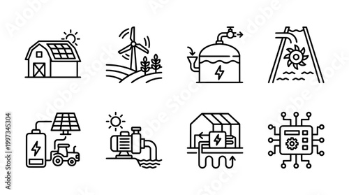 Renewable energy icons featuring solar wind geothermal and hydro power