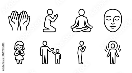 Religious icons set hands figures faces prayer meditation isolated