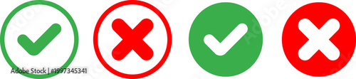 Set green approval check mark and red cross icons in circle and square