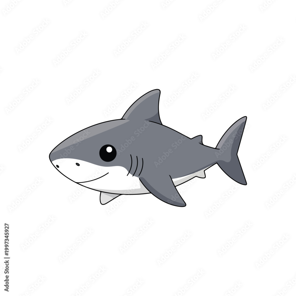 Fototapeta premium Cute cartoon shark character swimming happily, a friendly ocean predator illustration on white