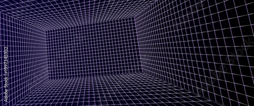 Neon wireframe horizon background. Light purple grid room floor in perspective. Glow violet retro futuristic wallpaper. Abstract checkered plane landscape. Game floor surface. Vector backdrop