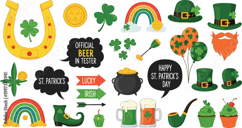 Happy St. Patrick's Day vector set with shamrock, horseshoe, leprechaun hat, rainbow, pot of gold, beer, clover and lucky Irish holiday collection