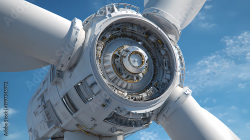 Close-up of a wind turbine nacelle with intricate engineering details, Generative AI illustrations.