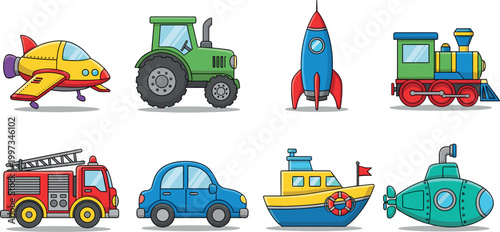 Colorful Transportation Icons Including Airplanes, Tractors, Rockets, Fire Trucks, and Boats for Fun, Adventure, and Travel Design Projects