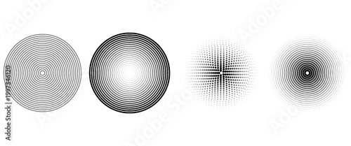 Black concentric circle set. Sonar or sound wave ring collection. Dotted and linear epicentre, target, radar icon concept. Ripple radial signal or vibration elements. Vector line and halftone symbols