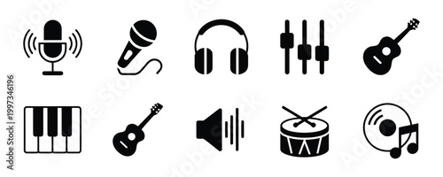 Music icons set including microphones headphones guitar and drum
