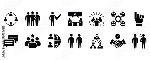 Black and white set of people icons for teamwork and communication concepts