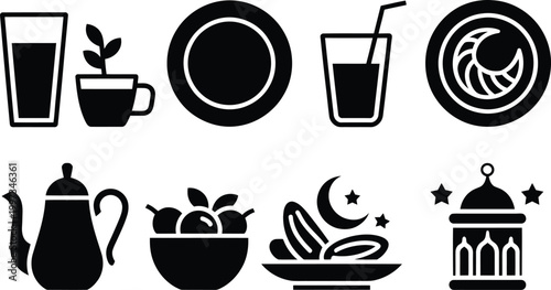 Set of black and white icons featuring trees and a wild boar