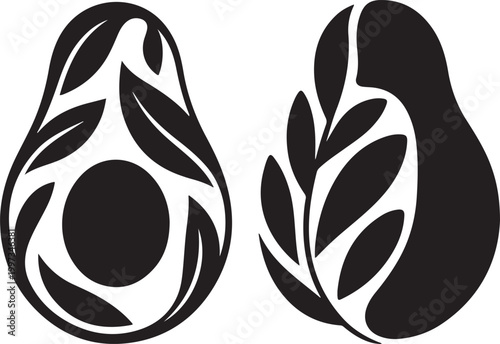 Avocado silhouette with leaves and seed 