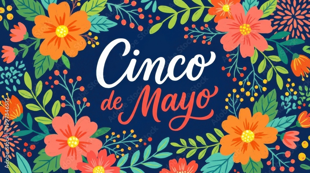 Obraz premium Cinco de Mayo festive floral border with calligraphy text on dark blue background.