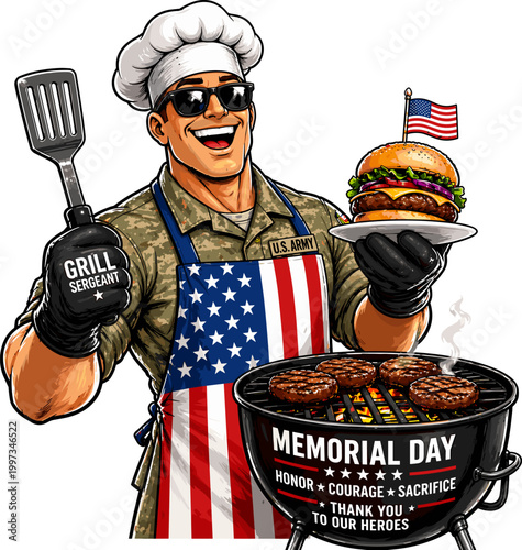 Memorial Day BBQ Grill Sergeant Patriotic Army Cook USA