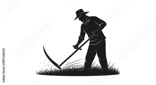 Man using a scythe to cut grass.