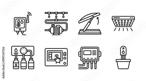 Set of modern irrigation and automation system icons in black and white