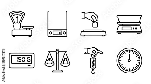 Set of weights and scales illustrations for measurement and weighing