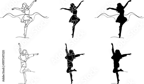 Set of graceful ballet dancers in various poses, artistic line art and silhouette design elements for motion.