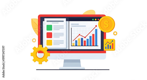 A computer monitor displays a colorful graph and chart surrounded by various business and technology icons on a simple background.