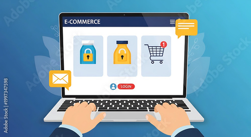 Hands on a laptop keyboard display e-commerce icons on screen