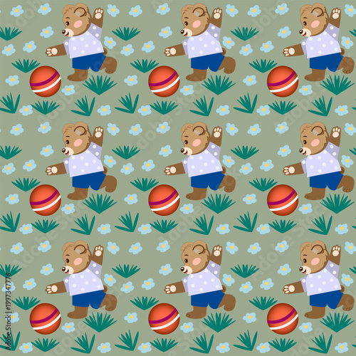 Cute seamless pattern with a playful teddy bear and a striped ball on a green meadow background