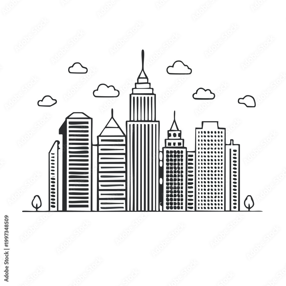 Fototapeta premium Cityscape Skyline Sketch with Clouds and Trees Vector