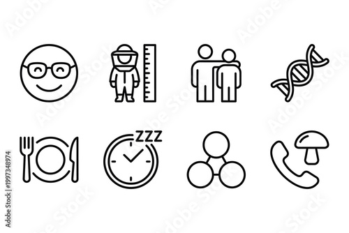 Modern minimalist line icons set featuring science lifestyle and social interaction themes