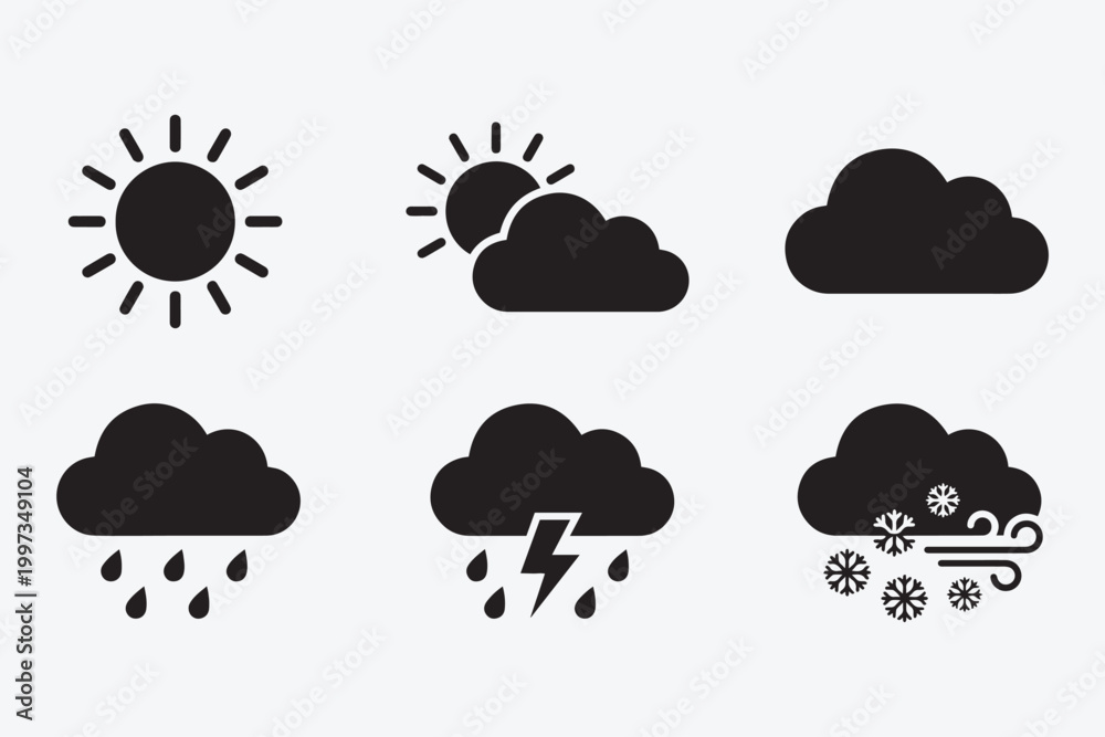 Obraz premium Weather Forecast Vector Icons Set Featuring Sun Clouds Rain and Snow