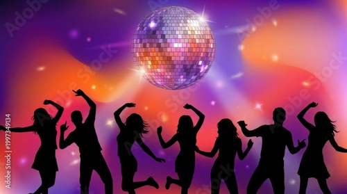 group of friends dancing under colorful disco ball lighting at party