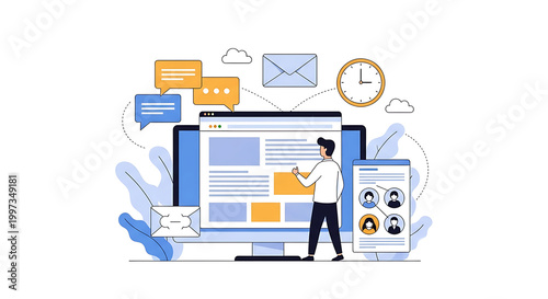 A man interacts with a large computer screen displaying documents while icons and devices surround him in a modern workspace.
