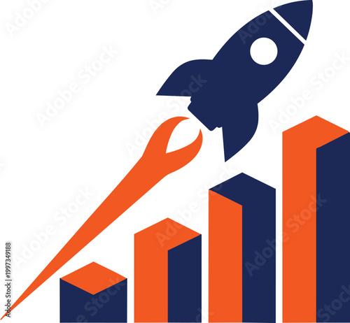 Rocket ship launching above financial growth bar chart, business startup success concept, rapid development and investment increase flat vector illustration.