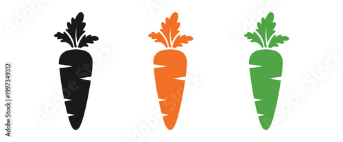 Three colorful stylized carrots in black orange and green isolated with clean design