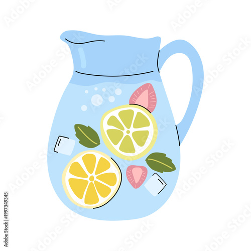 Refreshing lemonade pitcher with lemon strawberry and mint