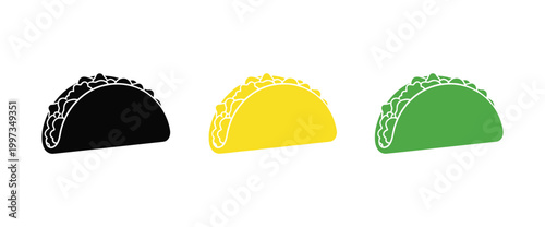 Three colorful taco icons in black yellow and green styles isolated on transparent background