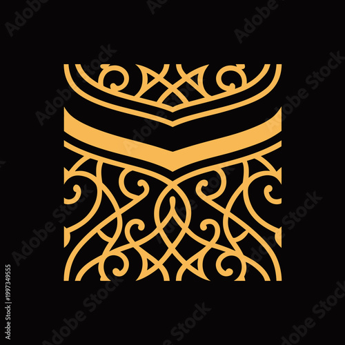 Minimalist black square (representing the Kaaba Kiswa) with detailed gold ornamental embroidery and a single gold belt.