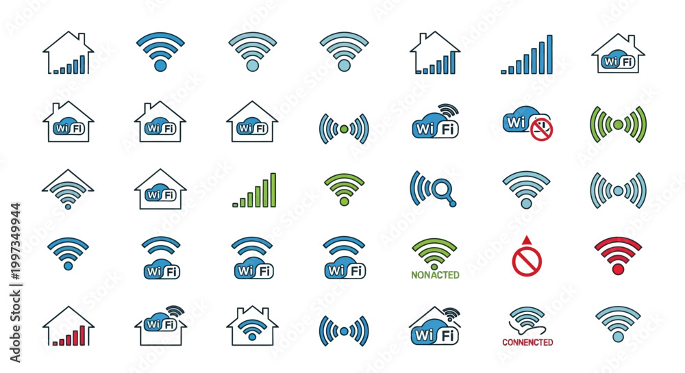 Fototapeta premium Wifi Signal Icons Collection: Connectivity, Network, Internet & Home Wireless Symbols
