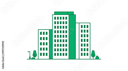 Minimalist flat line art illustration showing three green and white skyscrapers surrounded by small trees on a plain white background