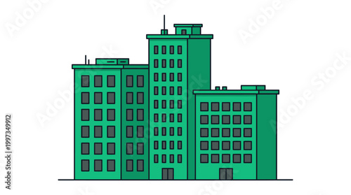 A flat vector illustration of three green city buildings with dark windows standing against a plain white background